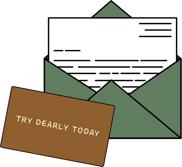 Open envelope with a letter and a card that reads Get updates from Dearly